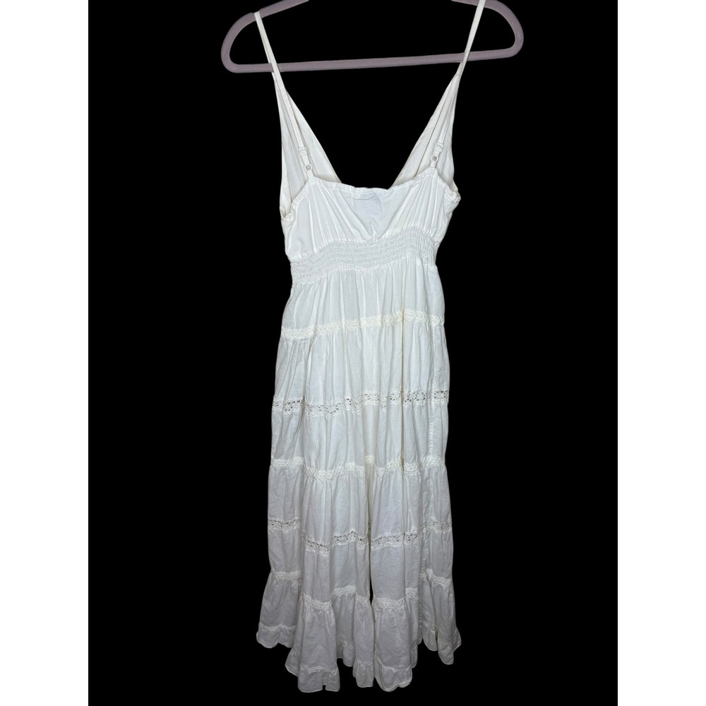 White Tiered Maxi Dress Boho Crochet Lace Smocked Waist Large - Picture 2 of 5